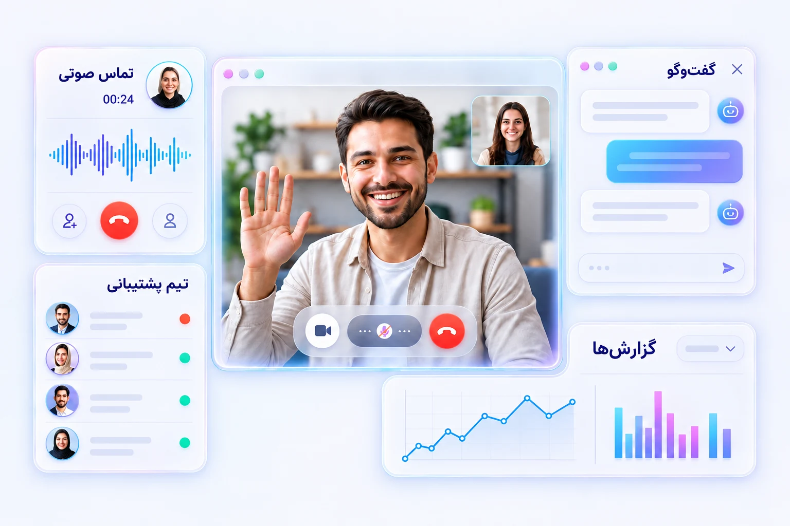 نمای تماس صوتی و تصویری، دستیار هوشمند، تیم پشتیبانی و گزارشهای مای تماس